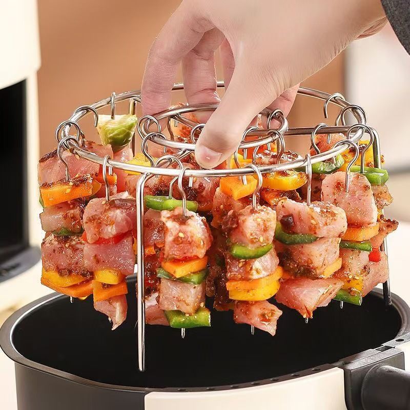 Air Fryer Set Food Grade Stainless Steel Round Grill BBQ Rack Skewer Holder_voghion.com