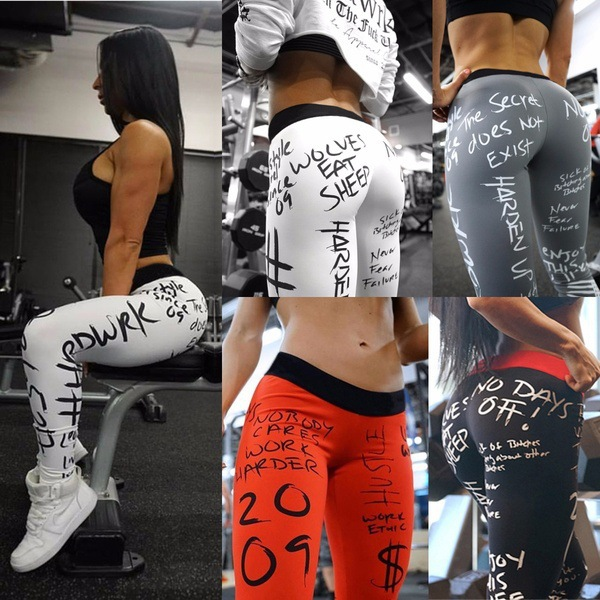 Alphabet printed multi-color high waisted high elastic running 9-point leggings yoga pants_voghion.com