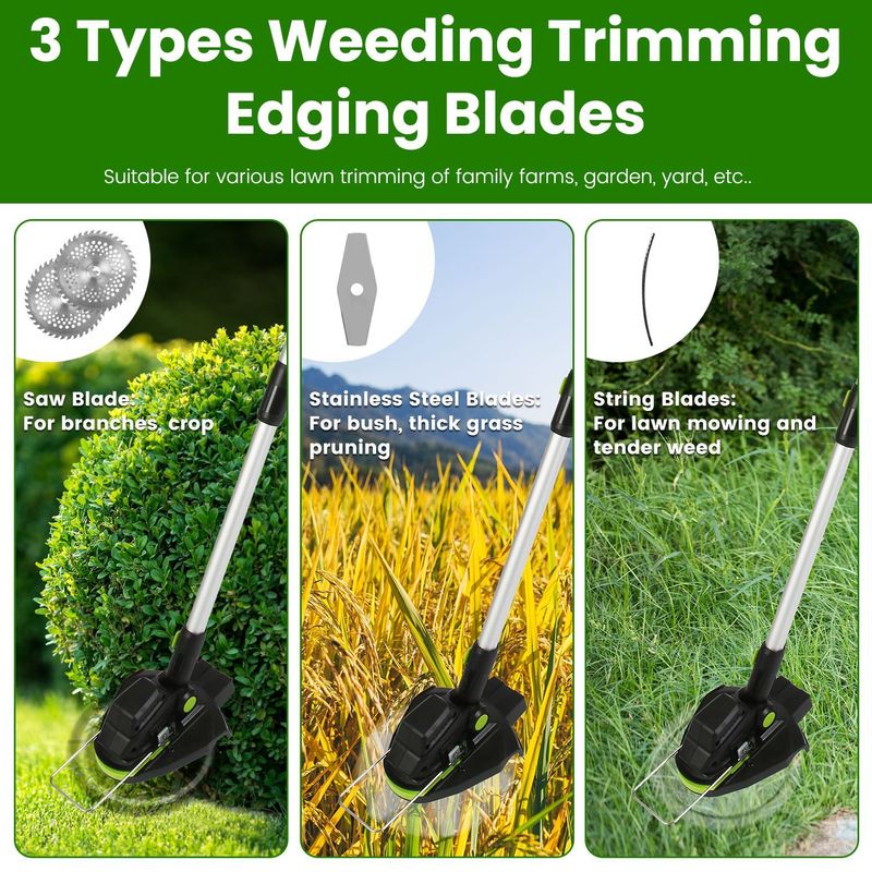 21V Electric Edger Cordless String Trimmer Grass Mower Eater Bush Cutter With 16800RPM 2x 3000mAh Batteries 3.6-4.6FT Length 90° Rotatable Angle Saw Blade Steel Blade String Blade_voghion.com