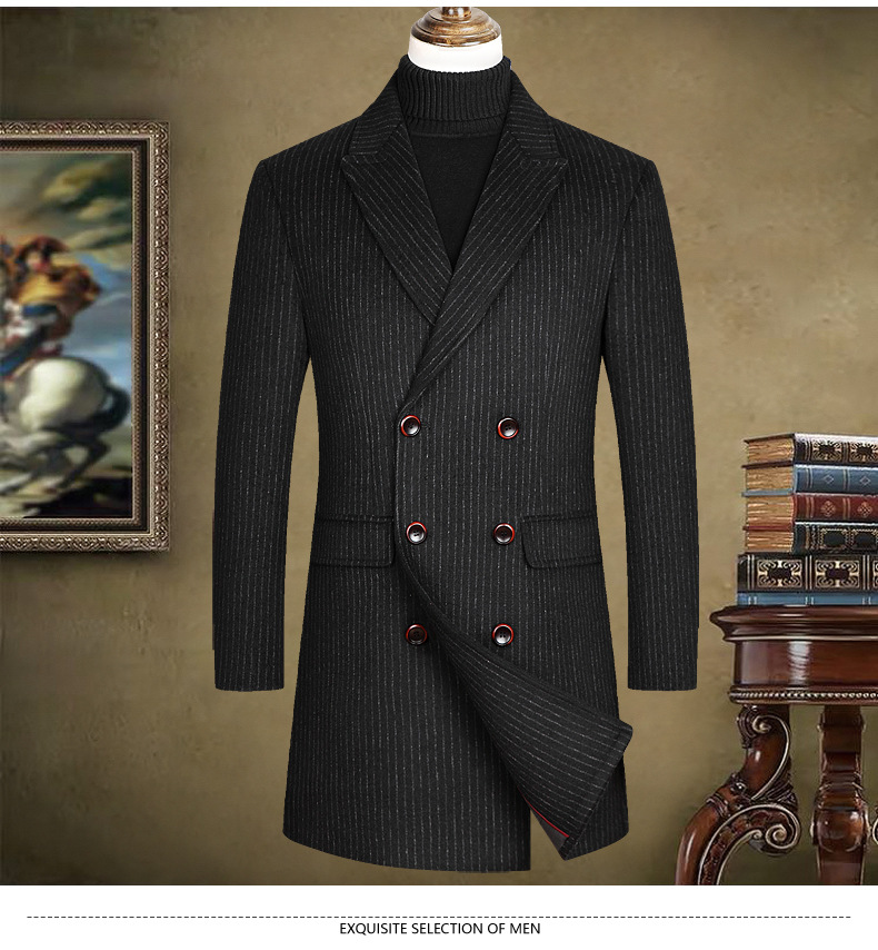 mid-length double-breasted woolen coat men's collar casual slim woolen coat_voghion.com