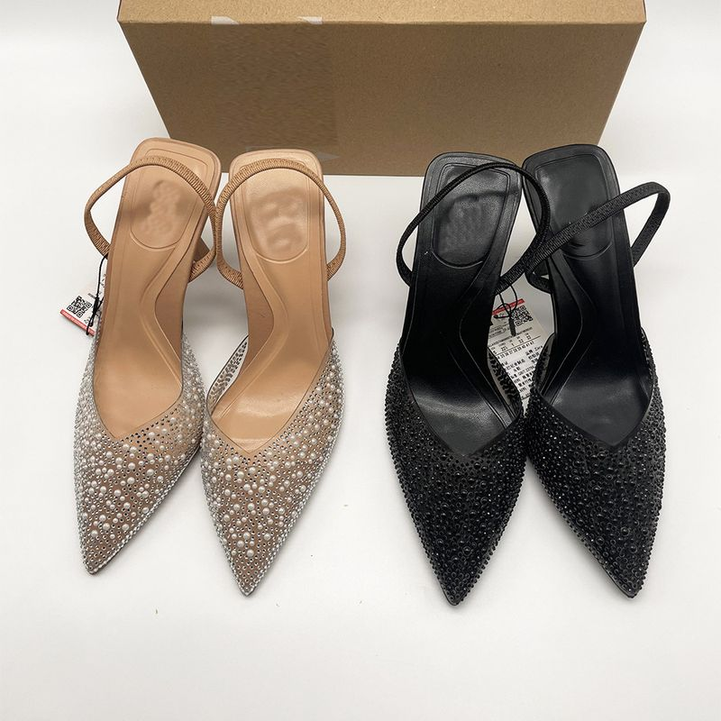 p9French high-heeled women's shoes pointed toe black rhinestones shallow mouth with empty back straps and slingback_voghion.com