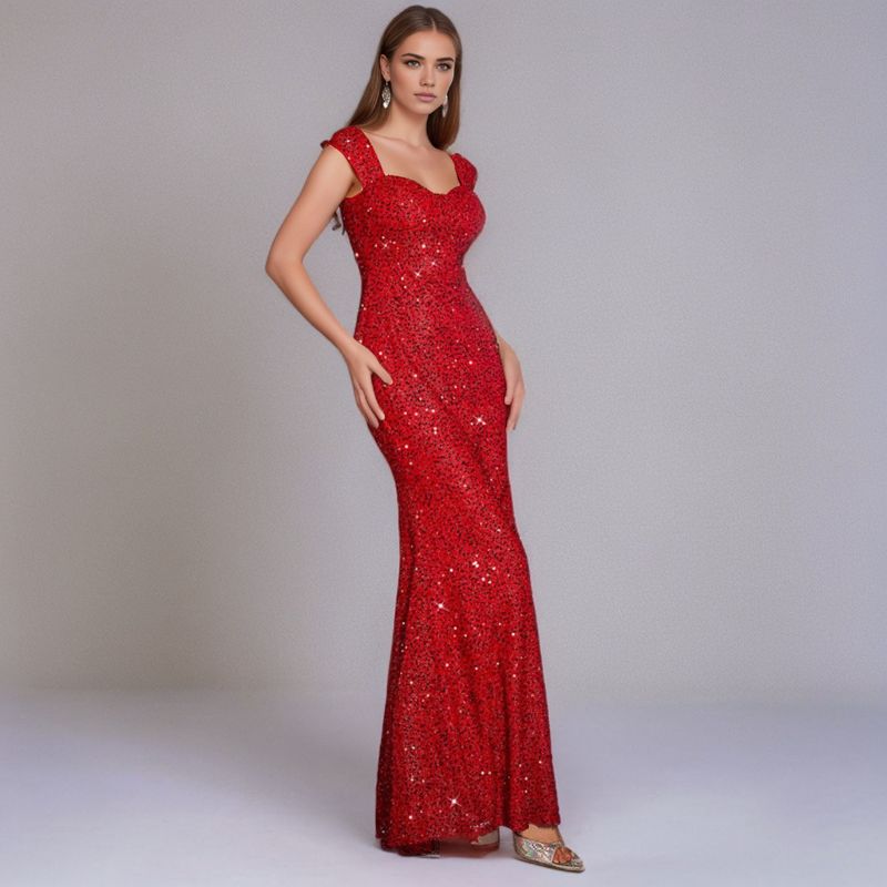 Comércio exterior oriental transfronteiriço INS cor sólida decote em V lantejoulas suspensório cintura alta vestido de noite saia rabo de peixe vestido de saia longa_voghion.com