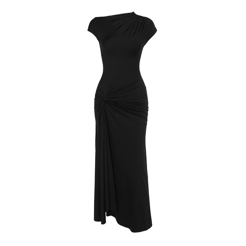 XY24158 Été 2024 Nouvelle robe longue coupe slim avec taille cintrée sexy, manches courtes torsadées et fendues_voghion.com