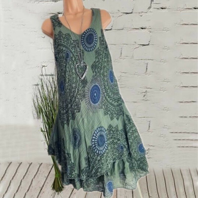 Plus Size Women Ladies Boho Sleeveless Mini Dress Summer Beach Baggy Dress Tunic_voghion.com
