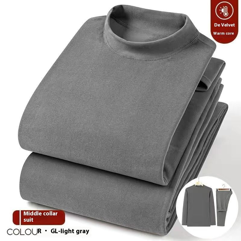 Derong middle-aged elderly thermal underwear semi high neck with velvet men's clothes pants set autumn and winter base_voghion.com