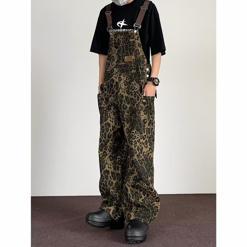 American High Street Leopard Print Denim Overalls For Men In Spring And Autumn, Loose Design, Niche Straight Wide Leg_voghion.com