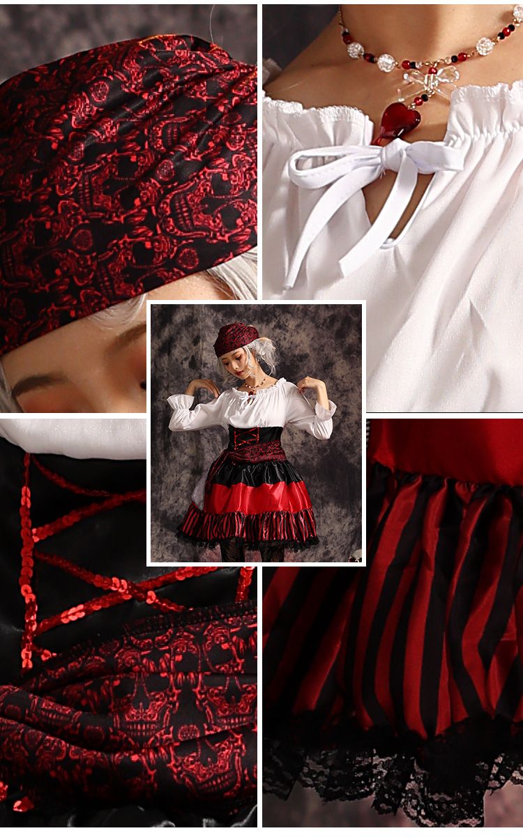 Halloweeniõhtu peod, koosviibimised, navigaatorid, cosplay kostüümid, punaste triipudega pitsilised piraadid_voghion.com