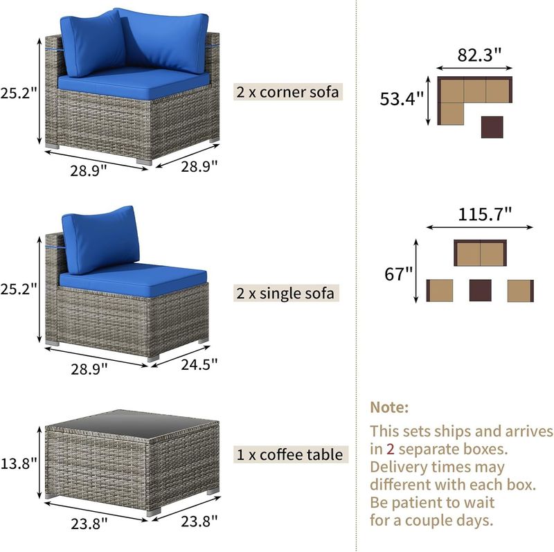 5 Pieces Outdoor Patio Furniture Set, Wicker Patio Conversation Sectional Sofa Set, All Weather PE Rattan Sofa With Glass Table And Cushions_voghion.com