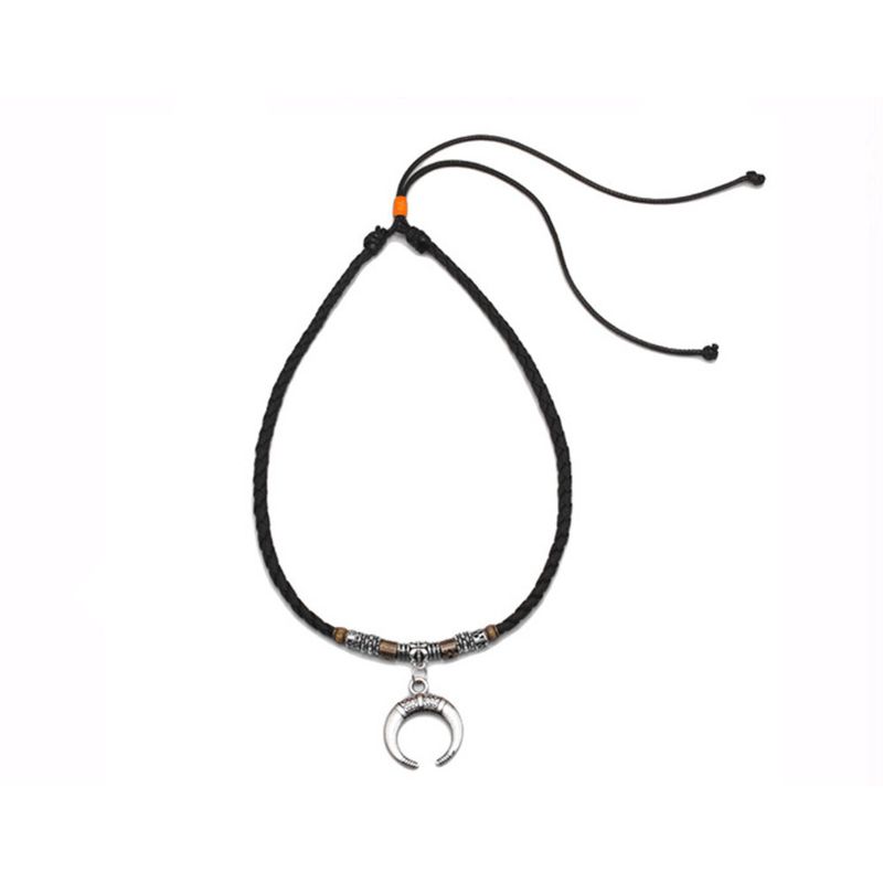 Etnische stijl legering halve maan hanger kralen geweven touw trui ketting verstelbare ketting_voghion.com
