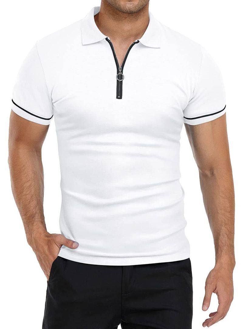 Men's lapel collar solid color slim fit t-shirt top_voghion.com