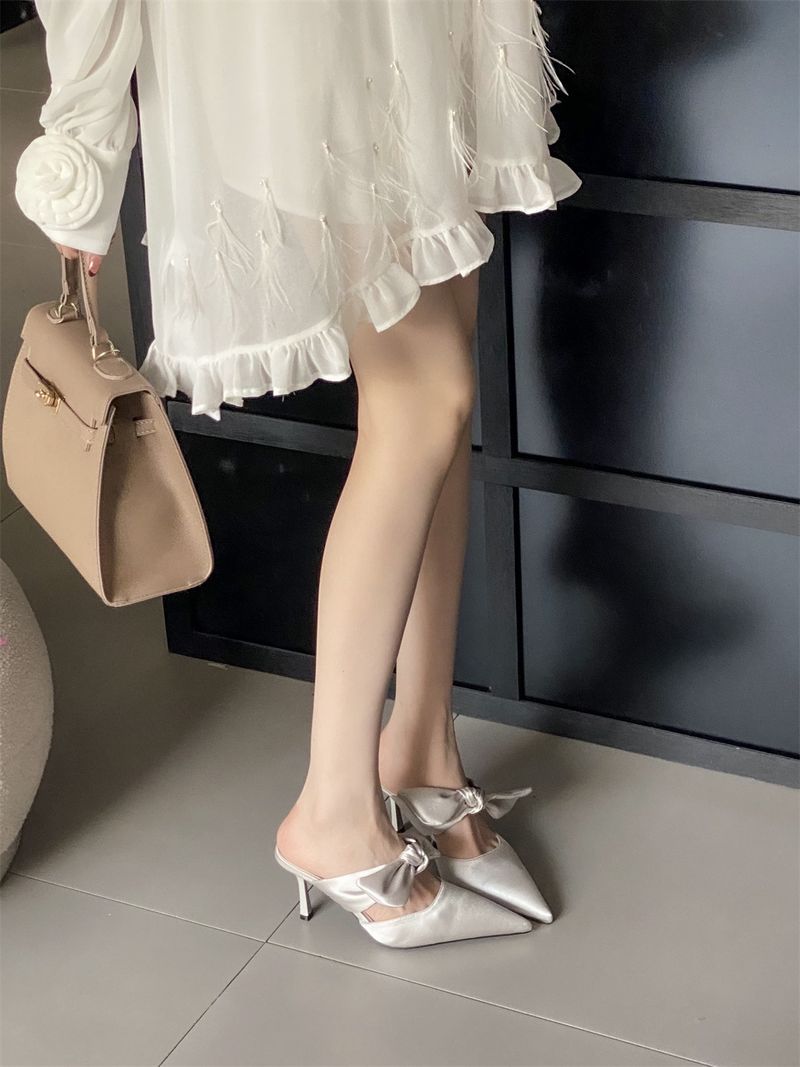 satin Pointed Bow Mueller Fine High Heels Women Baotou Half Slippers 2025 Spring And Summer New Fashion Versatile Leisure Versatile_voghion.com