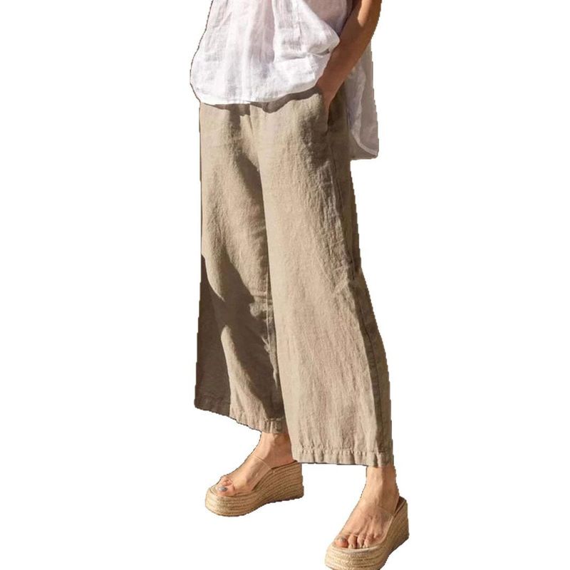 Geeignet für alle Jahreszeiten, lässig, vielseitig, 2025, neue, weite Beine für Damen, Herbst, elastische Taille, schlankmachende gerade Hose aus Baumwolle und Leinen_voghion.com
