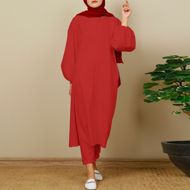 Verve 2025 New Muslim Comfortable Casual Solid Color Sleeve Round Neck Split Long Pants Set_voghion.com