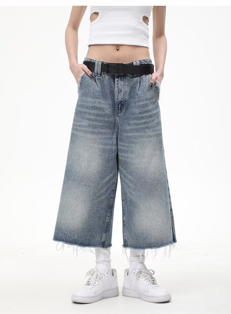 Unique Design Tassel Seven-point Denim Shorts For Men Loose Washed Fashionable Casual Versatile Straight-leg Pants_voghion.com