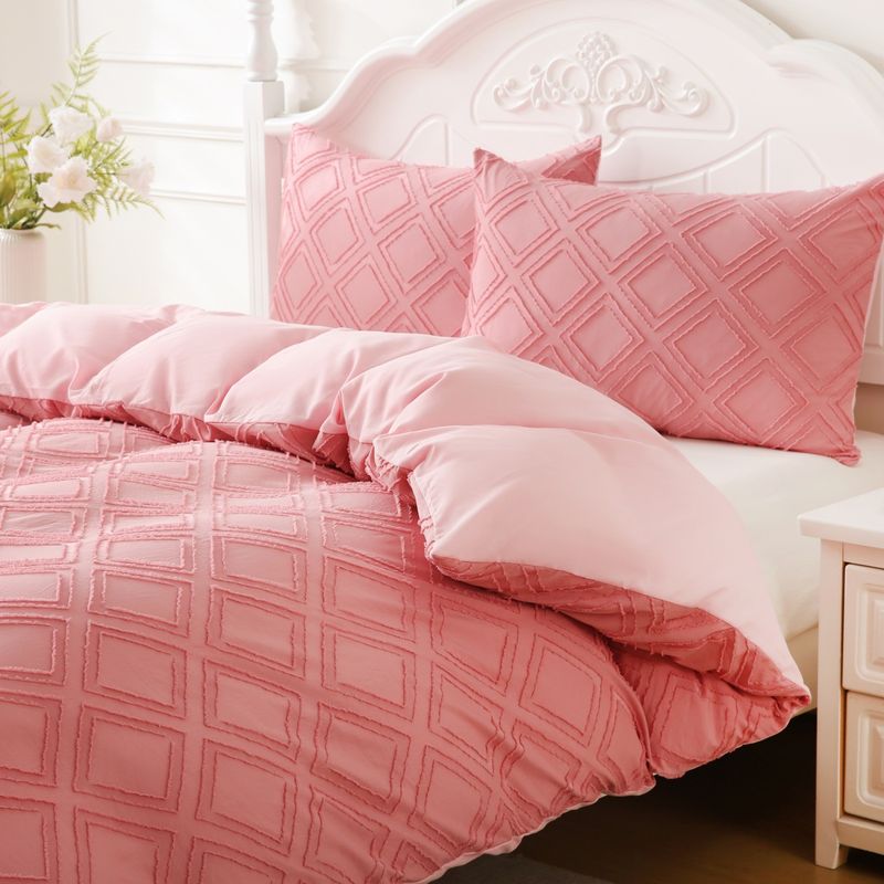 Tufted Wool Cut Flower Pink Diamond Geometric Quilt Cover Home Textile Bedding Three Piece Set_voghion.com