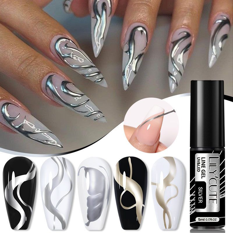 Silbernes Metallic-Streifengel für Nagelkunst – UV-/LED-Gellack zum präzisen Zeichnen von Linien für detailliertes Design_voghion.com