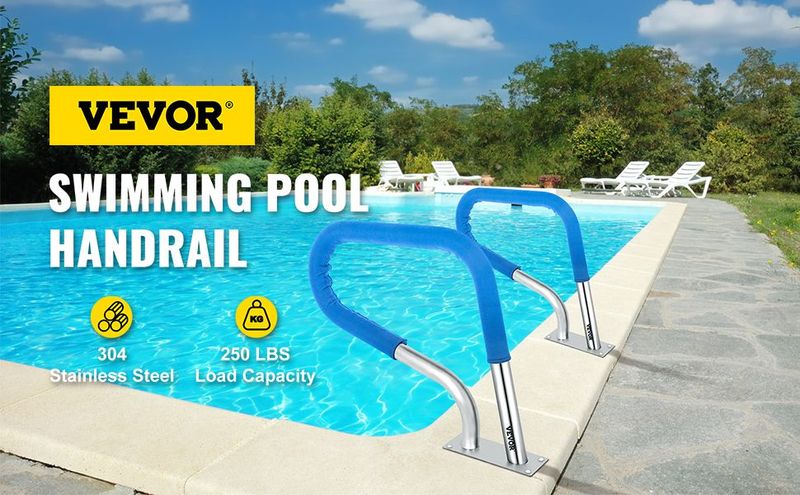 VEVOR Pool Rail 30x22 Pool Railing 304 Stainless Steel 250LBS Load Capacity Silver Rustproof Pool Handrail Humanized Swimming Pool Handrail With Blue Grip Cover & M8 Drill Bit & Self-Taping Screws_voghion.com