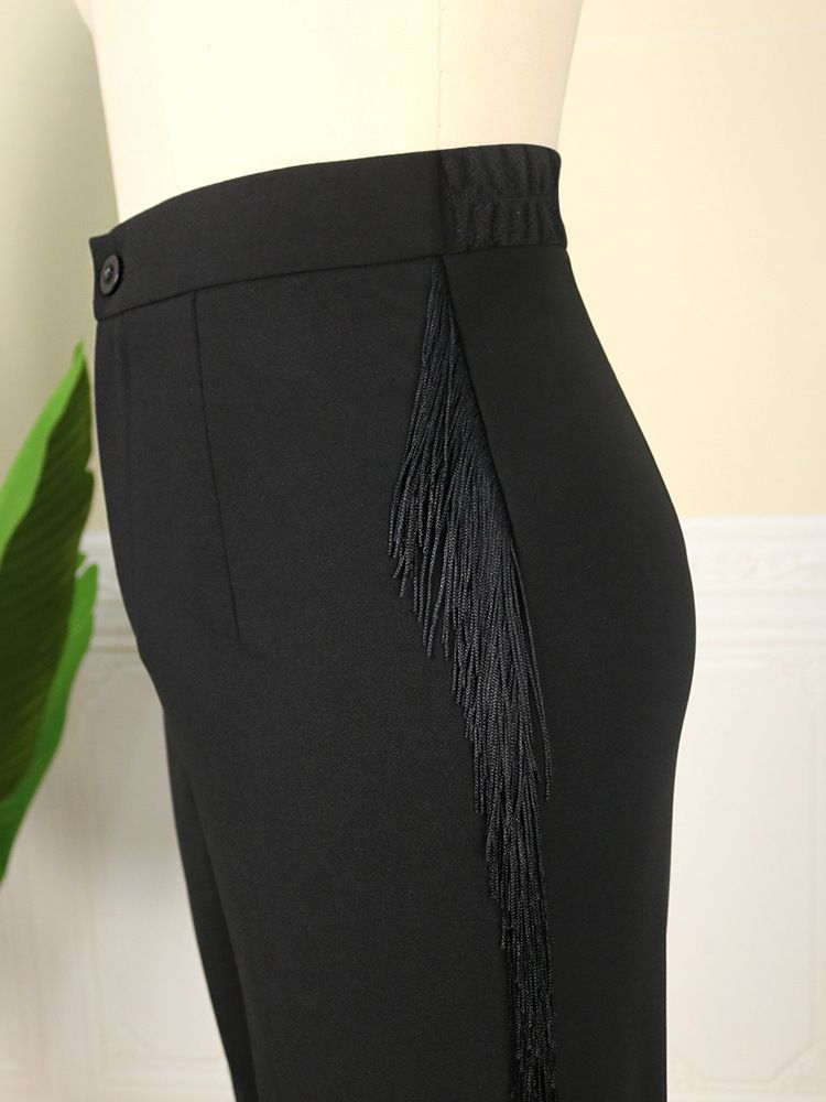Breathable elastic high waist slim straight trousers tassel edge high elastic large size women's casual_voghion.com