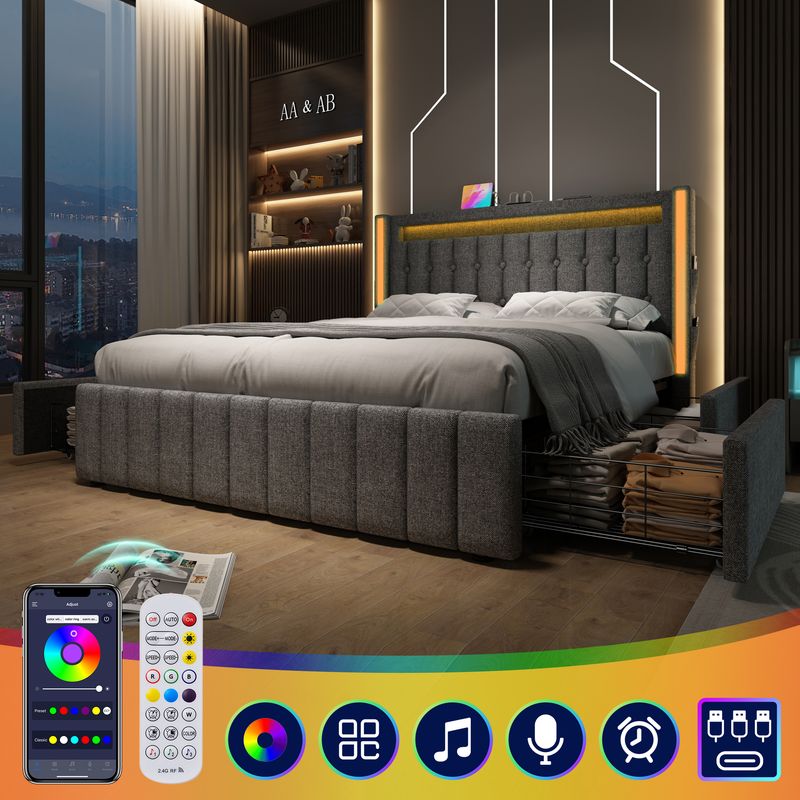 Lit double avec rangement et lattes en bois, chargement USB Type-C, éclairage LED et 4 tiroirs, gris (matelas non inclus). Lit enfant 140 x 200 cm._voghion.com