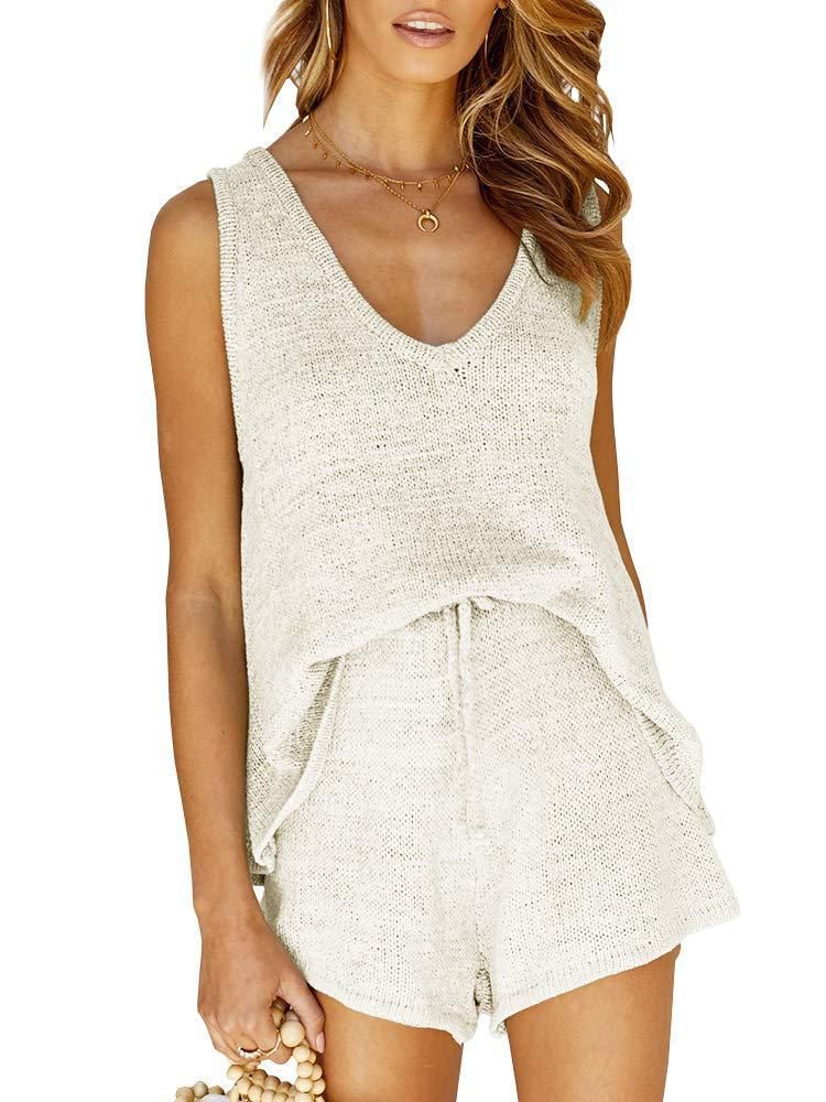 Women's Clothing summer fashion casual deep V-neck vest drawstring knitted women's sweater suit two-piece set_voghion.com