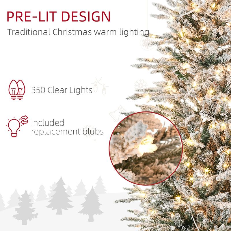 7.5ft Tall Prelit Artificial Christmas Tree Holiday Décor With 850 Snow Flocked Branches, 350 Warm Yellow Clear Lights, Auto Open, Extra Bulb_voghion.com