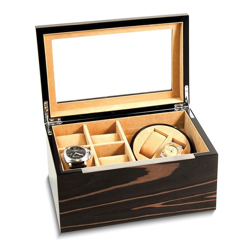 High Gloss Lacquered Ebony Burl Finish Wooden W/ Glass Lid Velour Lined 2-Watch Winder And 4-Watch Storage Case (AC Powered)_voghion.com