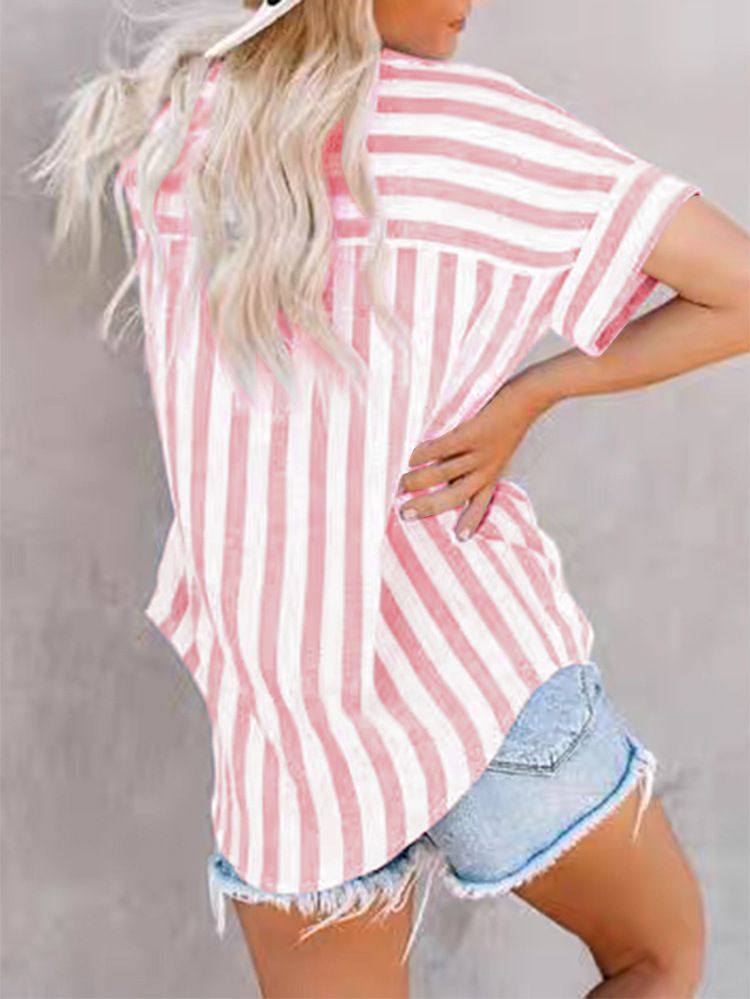 Cardigan a maniche corte con stampa a righe e colori a contrasto, casual e da pendolare, da donna_voghion.com