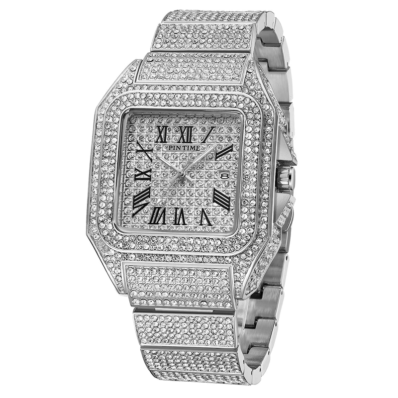 Reloj de cuarzo para hombre Hip Hop Bling Iced Diamond Square, resistente al agua, calendario, acero inoxidable, 30 metros_voghion.com