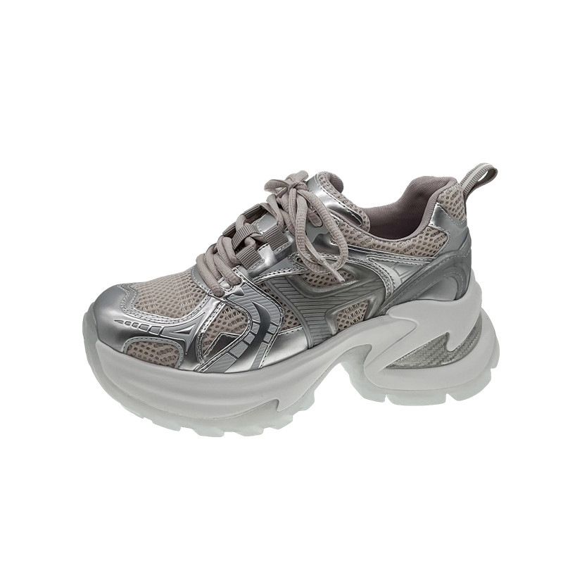 Sapatos femininos de sola grossa prateados para mulheres, primavera e verão, novos sapatos respiráveis que aumentam a altura, tendência de caminhada casual_voghion.com