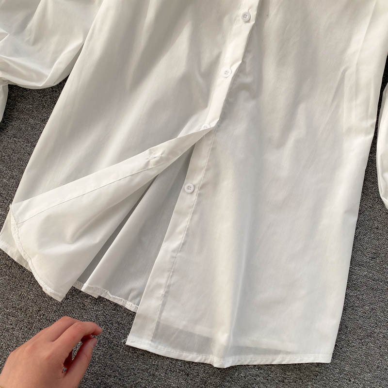 Sieviešu modes krekls ar pufām piedurknēm, augšējais bārkstis pērļu pavadas veste divdaļīgs komplekts_voghion.com