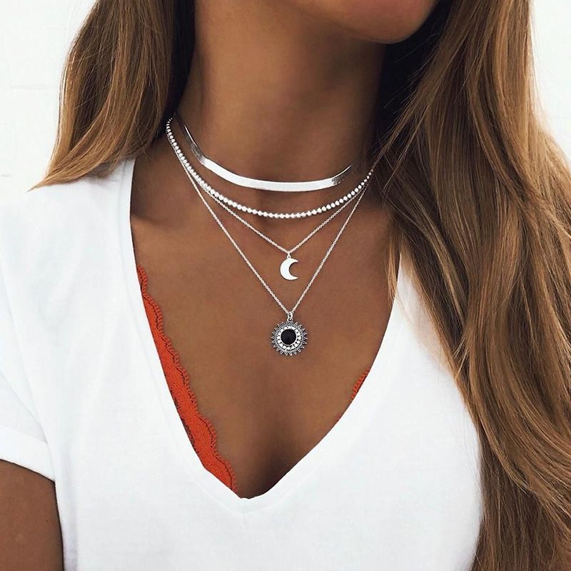Sonnenblumen-Obsidian-Anhänger Schlangenknochen Mehrschichtige Schlüsselbeinkette Halskette für Frauen_voghion.com