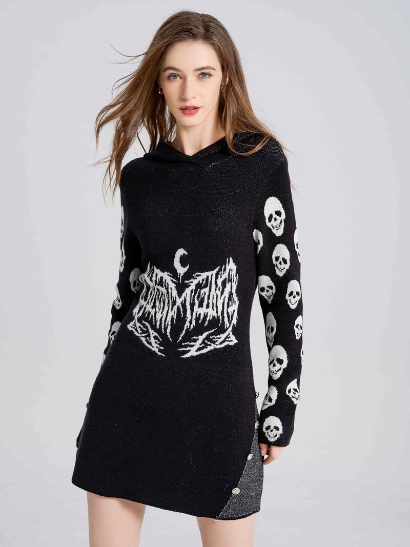 Punk-Pullover mit Kapuze, mittlere und lange Damenbekleidung, grenzüberschreitende Herbst- und Winteroberteile, gestrickter Totenkopfpullover im Gothic-Stil_voghion.com