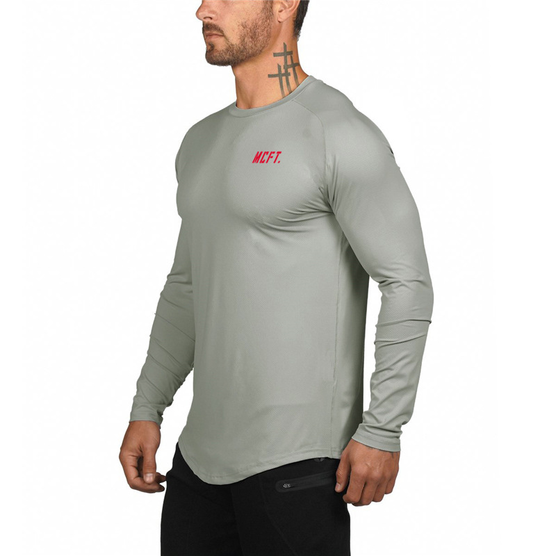 Fitness long sleeved muscular men's tight fitting clothes with quick drying mesh elastic sports top compression training_voghion.com