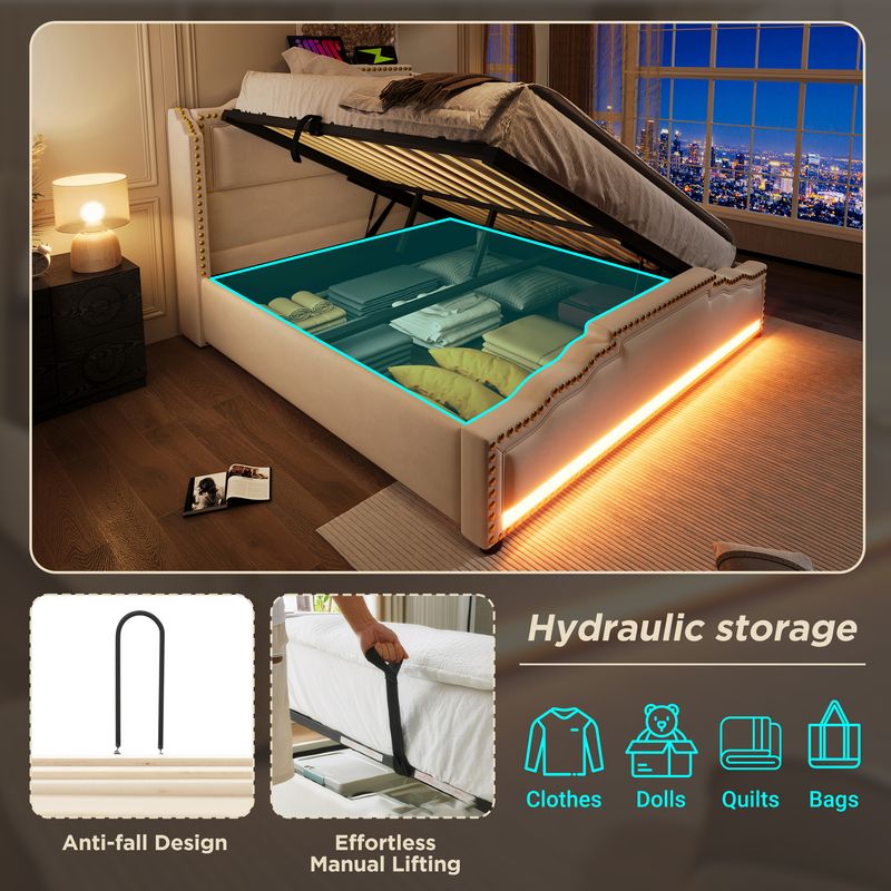 Lit double 140 x 200 cm avec coffre hydraulique, éclairage LED et port de charge USB-C, lit coffre avec sommier à lattes, velours beige, matelas inclus_voghion.com