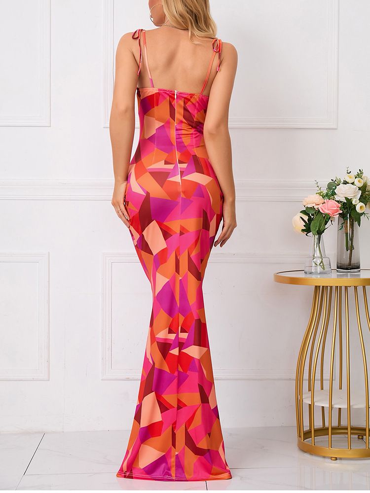 Women's Clothing Floral Pleated Backless Lace Up Suspender Long Skirt Hip Wrapped Fishtail Skirt European Size Is Larger_voghion.com