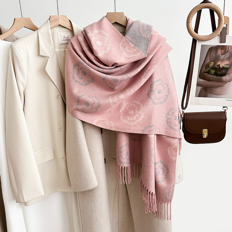 Elegant Camellia Fringe Shawl Scarf - Winter Warm Double-Layered Wrap With Stylish Floral Design, Soft & Cozy For Women_voghion.com