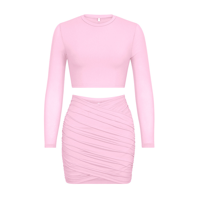 Women's long-sleeved patchwork mesh top pleated hip skirt casual two-piece set_voghion.com