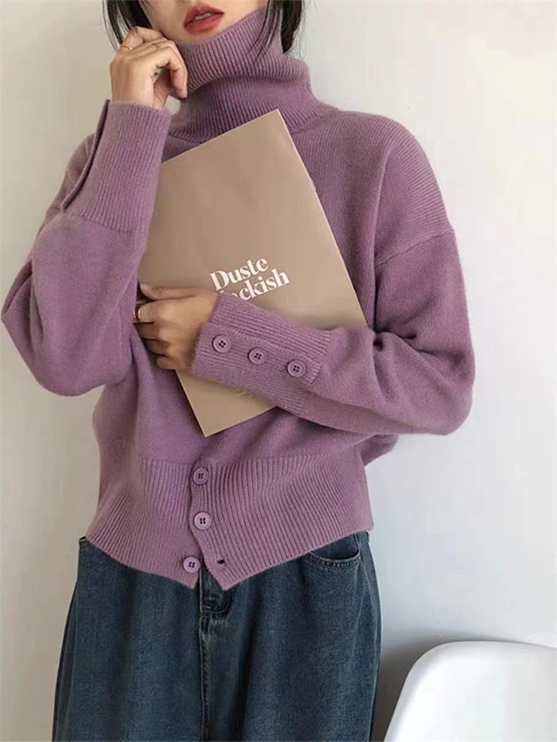 Pull doux à col montant d'inspiration japonaise pour femme - Pull décontracté à boutons rétro (blanc cassé/kaki/vert olive/noir/gris)_voghion.com