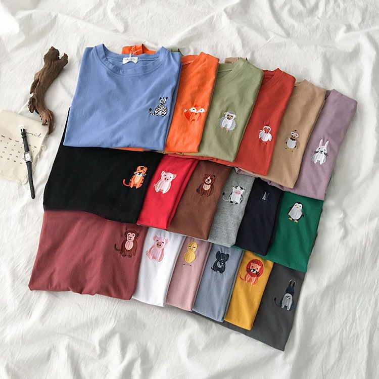 Nuova maglietta sudcoreana a maniche corte da studente con ricamo a forma di animale della Corea del Sud, girocollo, abiti estivi, vestibilità ampia, per donna_voghion.com