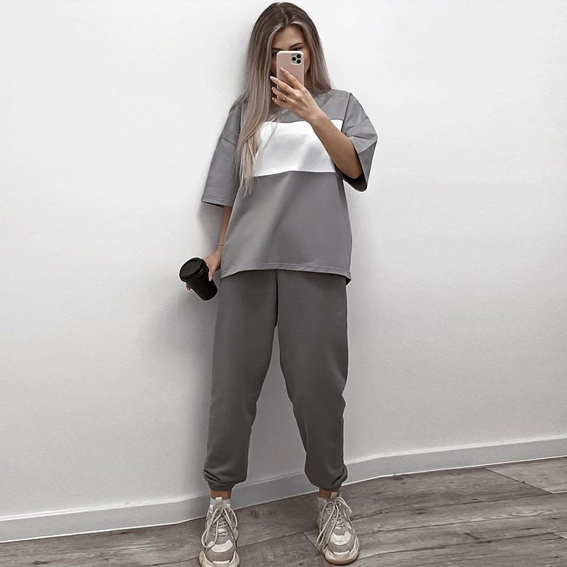 T-Shirt und Jogginghose in Kontrastfarbe – Atmungsaktives Kurzarm-T-Shirt und Loungehose mit entspannter Passform (Khaki/Schwarz/Grau, S-XL)_voghion.com