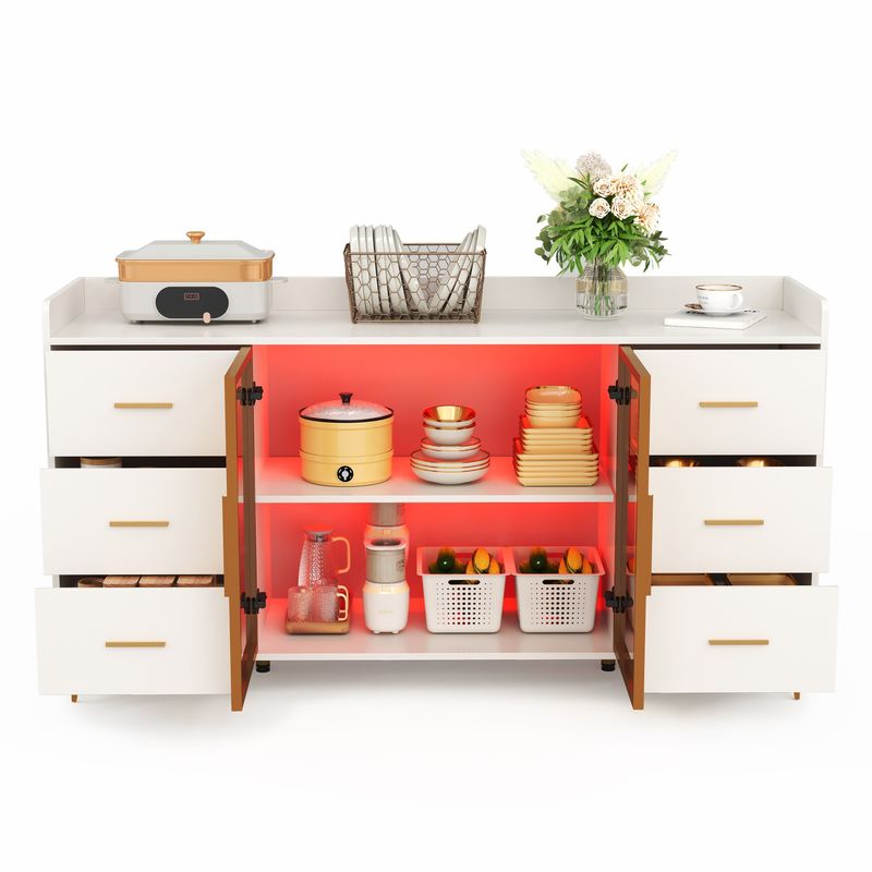 Küchenschrank Weiß 160x87cm, 6 Schubladen, Glastüren, LED-Beleuchtung, Goldgriffe_voghion.com
