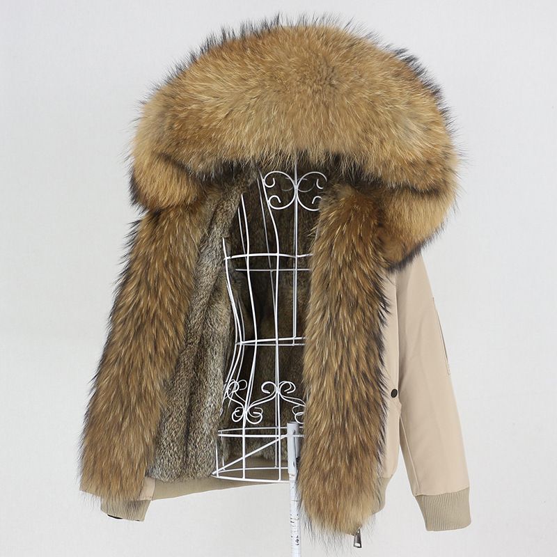 Damenbekleidung Parka im neuen Stil mit dickem Kaninchenfellfutter, abnehmbarem echtem Fuchspelz, großer Pelzkragenjacke, Pelzmantel_voghion.com