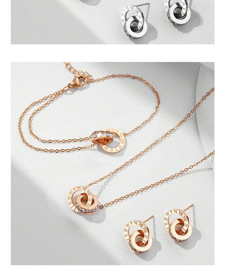 Fashion Roman Micro Dia Double Ring Bracelet Simple Light Niche Design Clavicle Chain Earrings Set_voghion.com