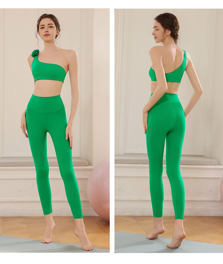 Yoga Wear Sports Vest Set For Women, One-Shoulder Floral Design, Shockproof Running Bra, High-Waisted Butt-Lifting_voghion.com
