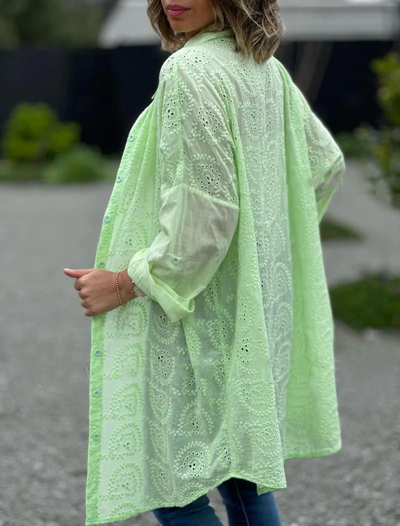 Women's Clothing Solid Color Shirt Collar Loose Embroidered Hollow Plus Size Top Dress_voghion.com
