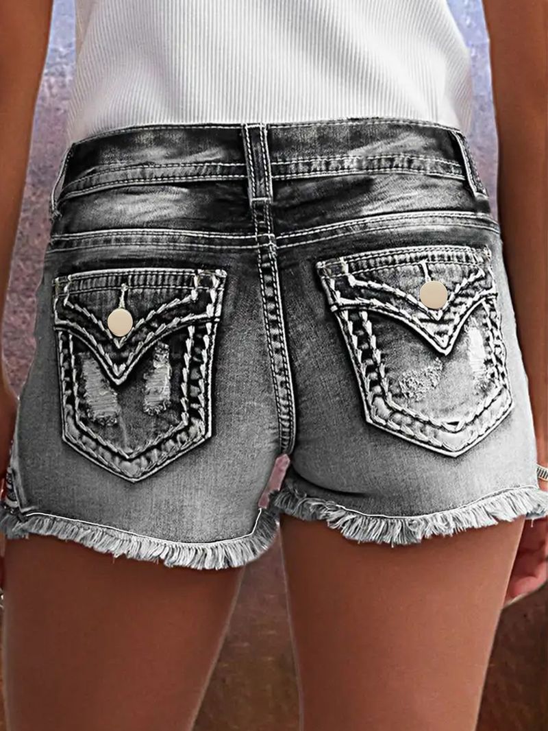 Pantaloncini in denim strappati ricamati con toppa elastica da donna, alla moda_voghion.com