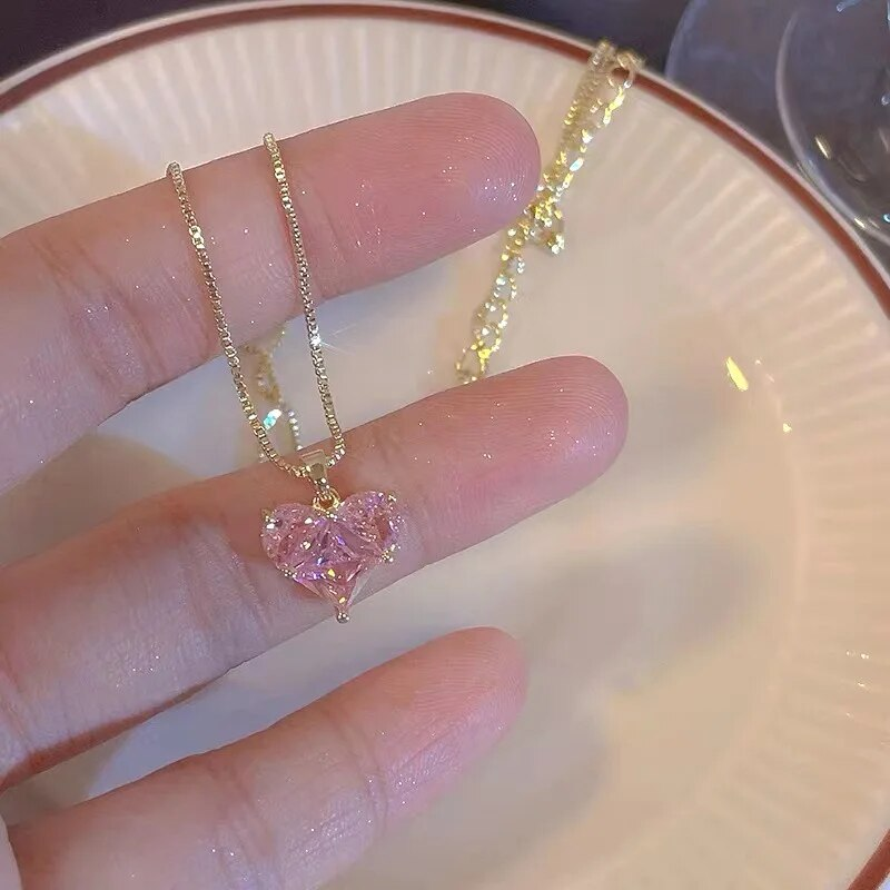 2024 Nieuwe modetrend Ige Y2k Crystal Pink Zircon Heart Pendant-ketting voor vrouwenmeisjes Elegante en zoete punkfeest_voghion.com