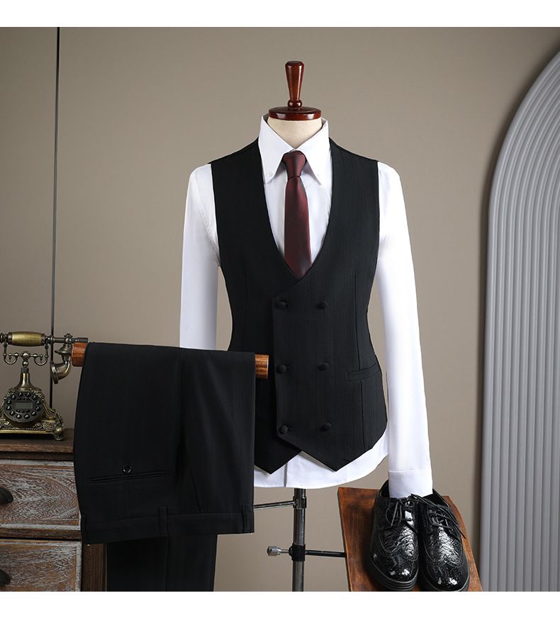 Herenkleding Premium Double-Breasted gestreepte pakset - Formeel en casual bruiloft smoking, zakelijke blazer met vest opties (bruin, marineblauw, zwart)_voghion.com