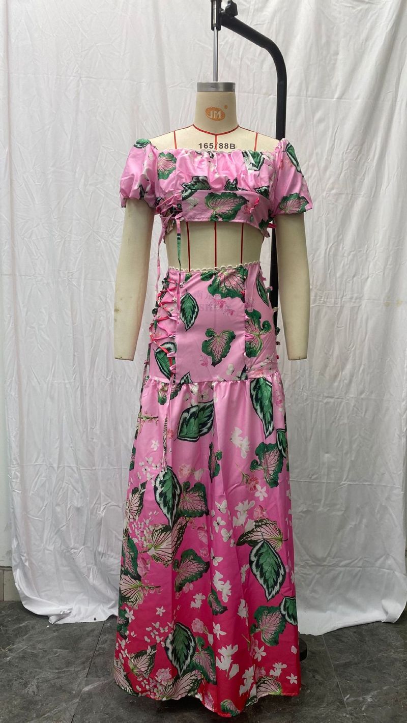 Vêtements pour femmes, mode décontractée, polyvalent, imprimé dégradé de feuilles, costume deux pièces_voghion.com