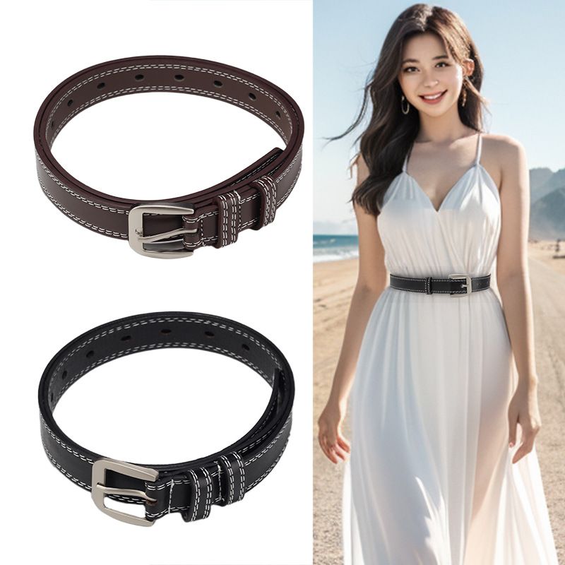 Cintura alla moda con fibbia ad ardiglione, sottile per donna, stile coreano, cintura a doppia linea per pantaloni da donna_voghion.com